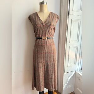Plaid Dress Brown Equestrian Horse Bit Hardware Drop Waist Pleated Midi dress